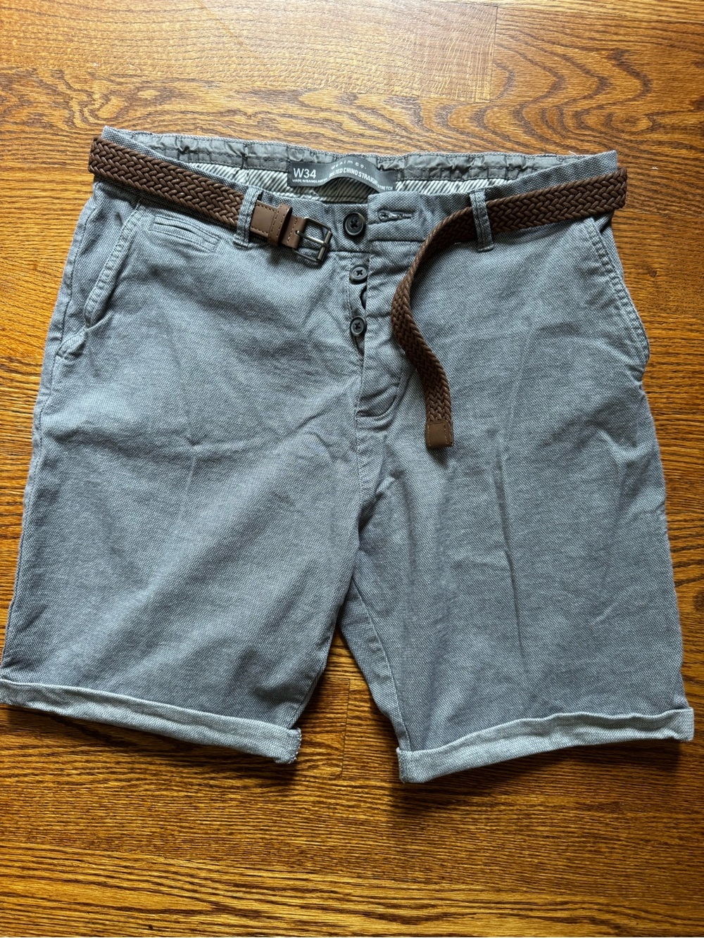 Primark Denim Co Mens W34 Gray Stretch Chino Shorts Belted Cuffed